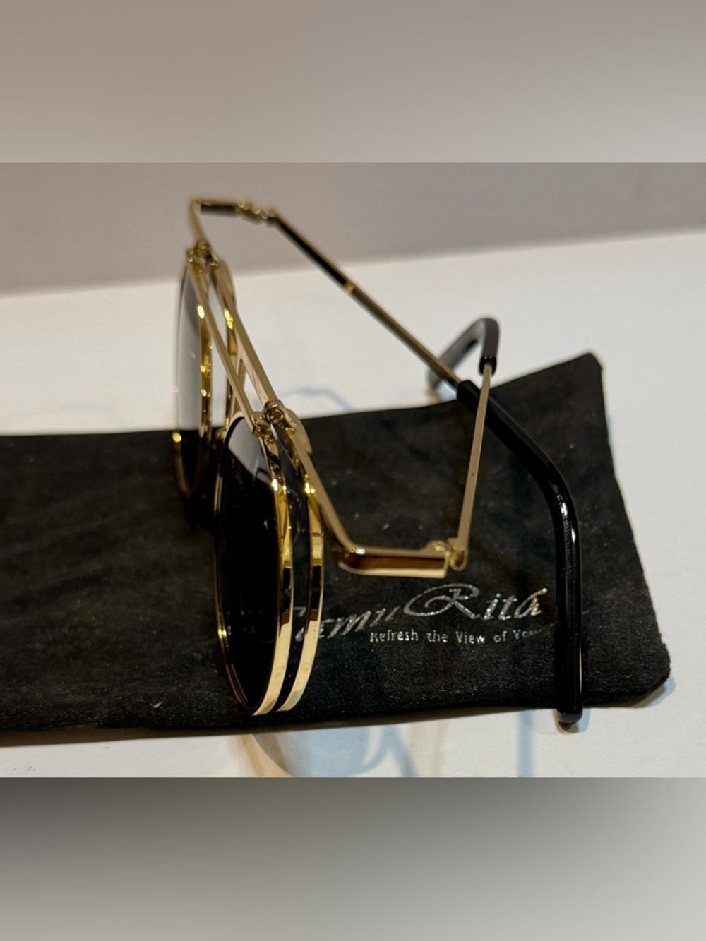 Steampunk Flip-Up Round Sunglasses Gold Frame w/Soft Bag - Picture 5 of 7
